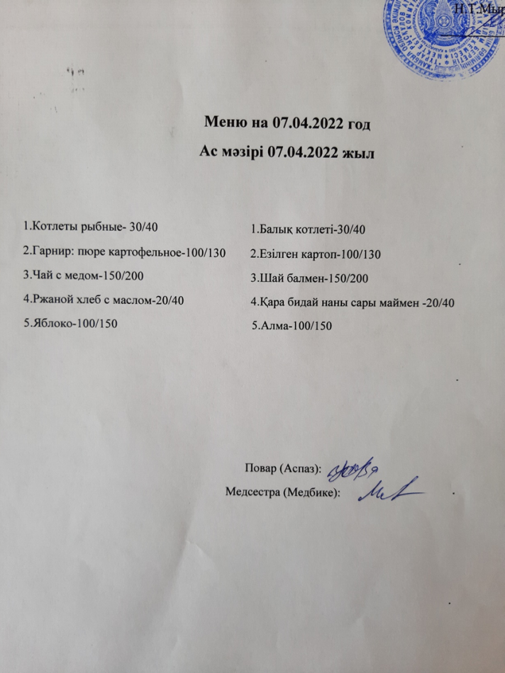 Ас мәзірі 07.04.2022ж. Меню на 07.04.2022г