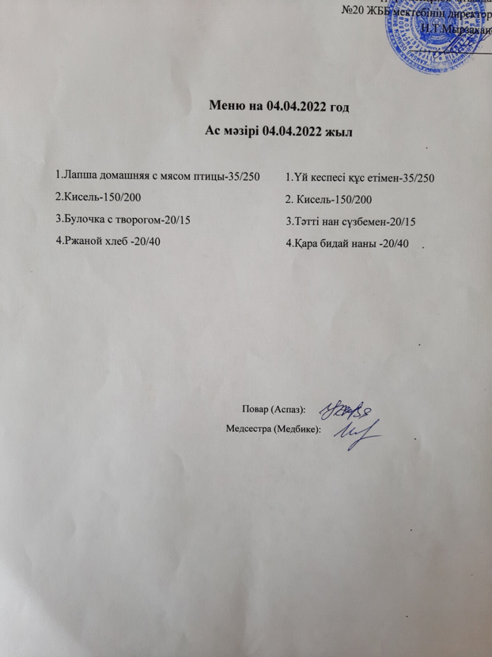 Ас мәзірі 04.04.2022ж. Меню на 04.04.2022г