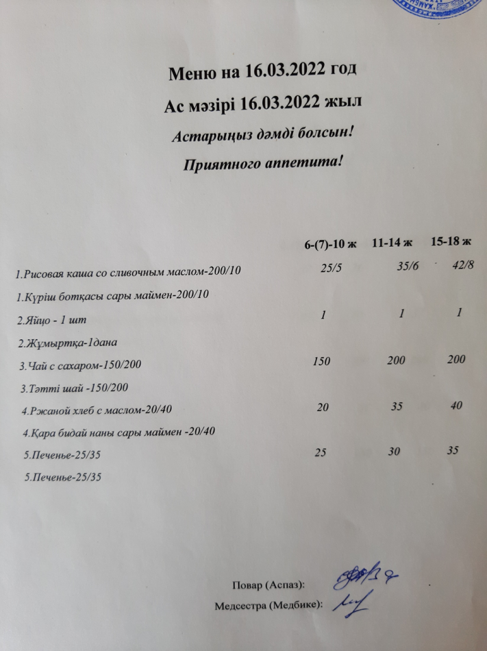 Ас мәзірі 16.03.2022ж. Меню на 16.03.2022г