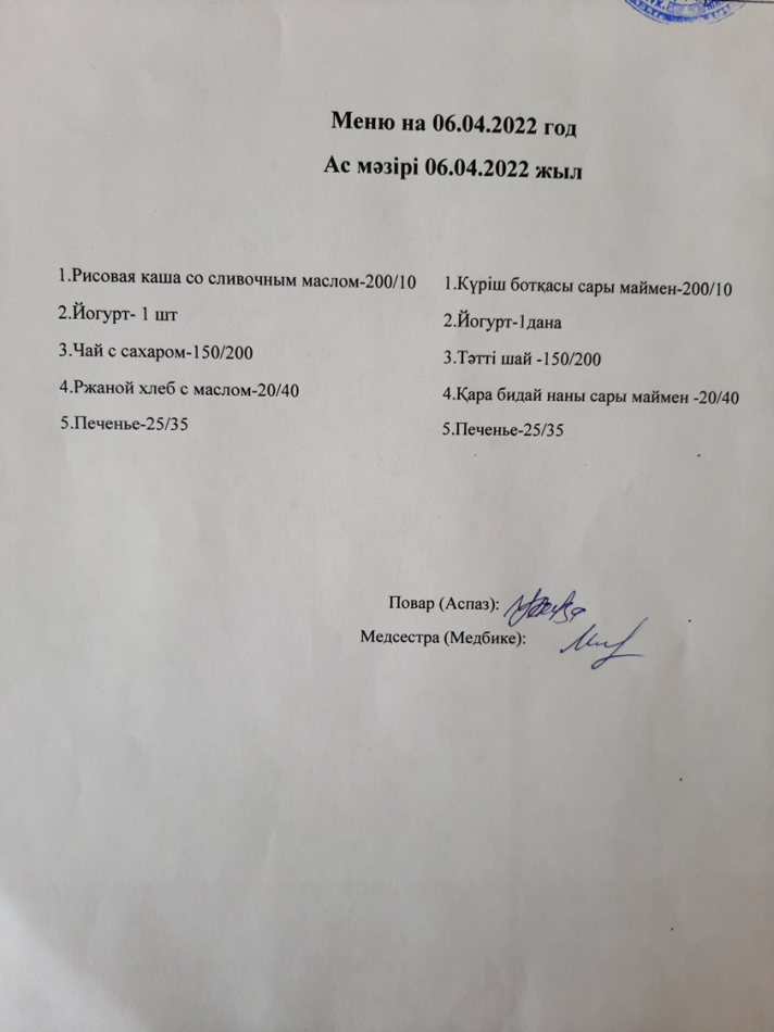 Ас мәзірі 06.04.2022ж. Меню на 06.04.2022г