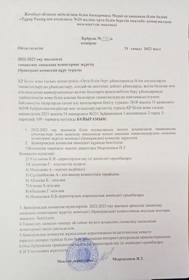 2022-2023 оқу жылында тамақтану сапасына мониторинг жүргізу (бракераж) комиссия құру туралы