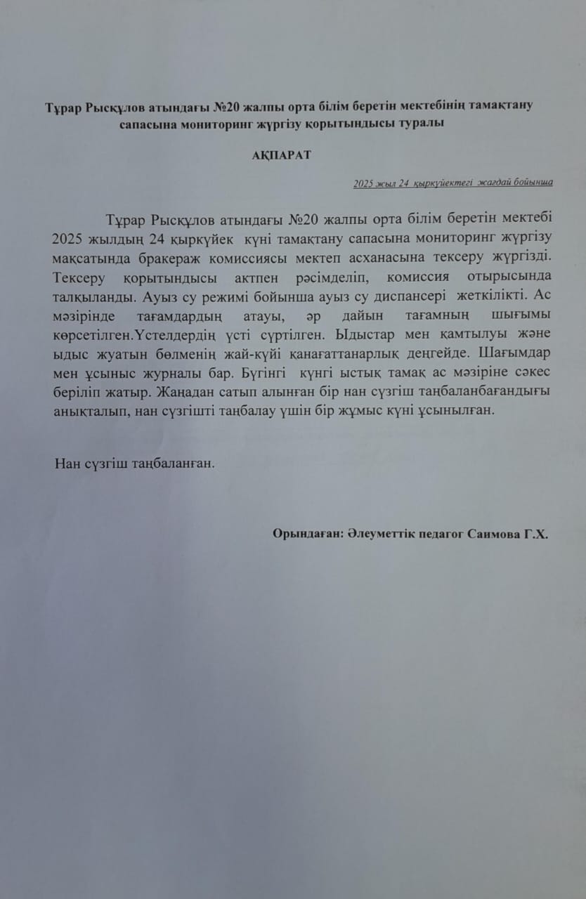 Мектептің тамақтану сапасына мониторинг жұргізу туралы ақпарат