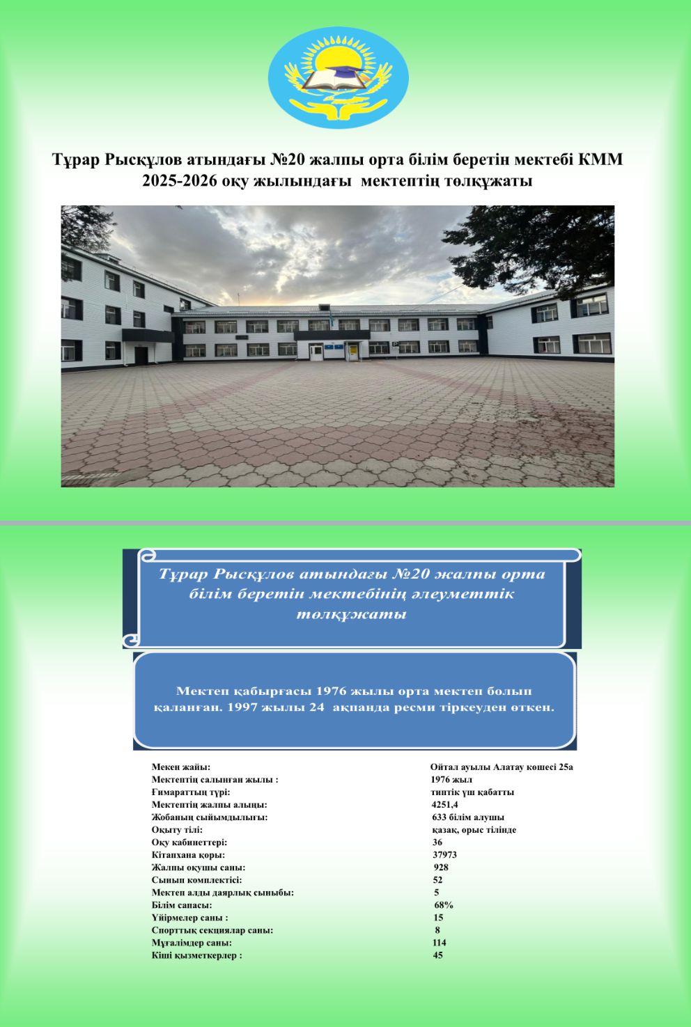 Тұрар Рысқұлов атындағы №20 жалпы орта білім беретін мектебінің төлқұжаты