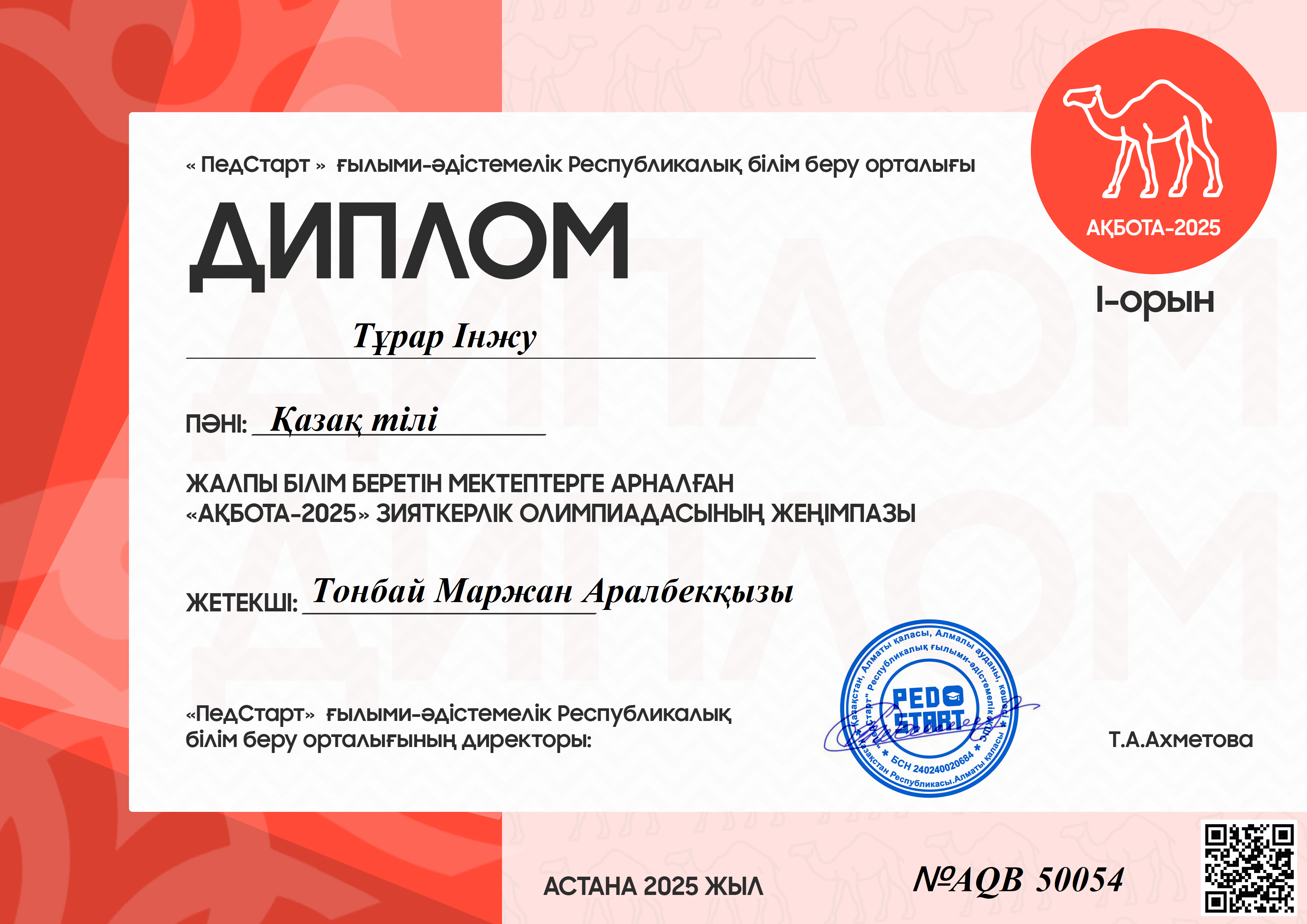 "АҚБОТА-2025" зияткерлік олимпиадасының жеңімпазы Тұрар Інжу